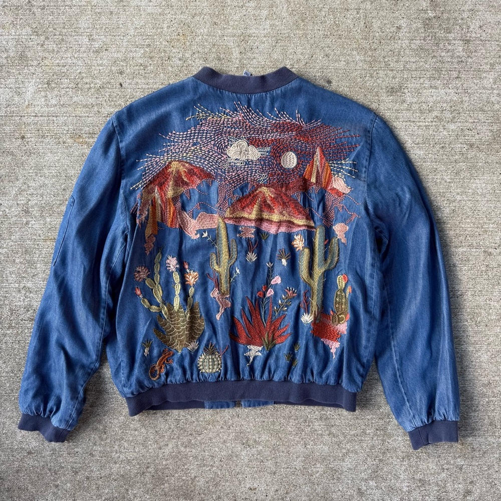 Johnny Was Blue Denim Jacket with Colorful Desert Embroidery